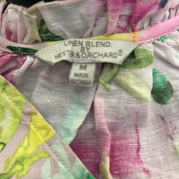 Hester & Orchard Shirt Linen Pink Yellow Watercolor Floral Blouse 3/4 Sleeve SZM - Picture 6 of 8